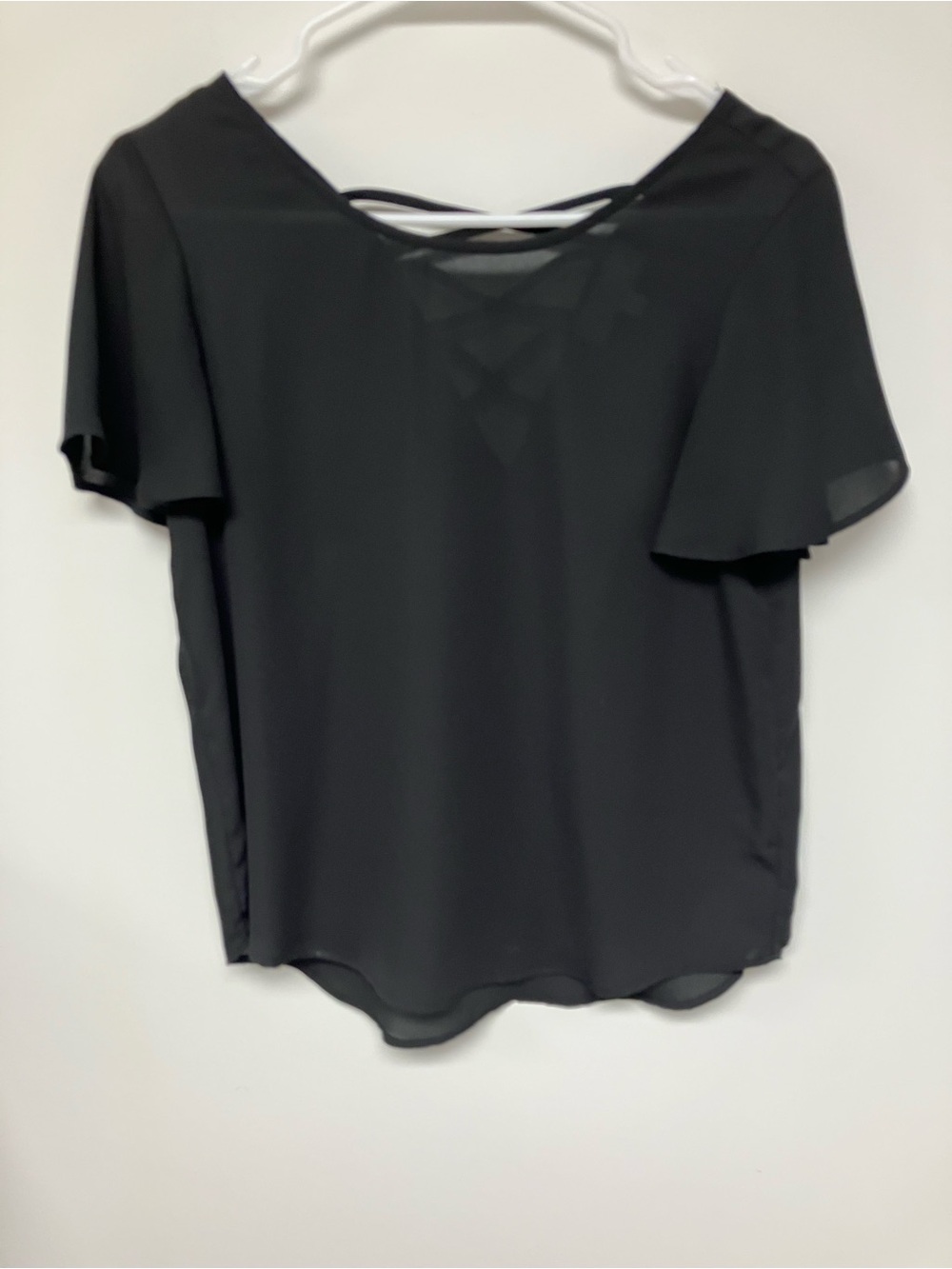 Pink Rose Black Crisscross Back Flutter Sleeve Blouse